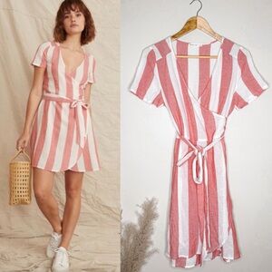 Marine Layer | Linen Blend Frances True Wrap Dress, Red/White Striped